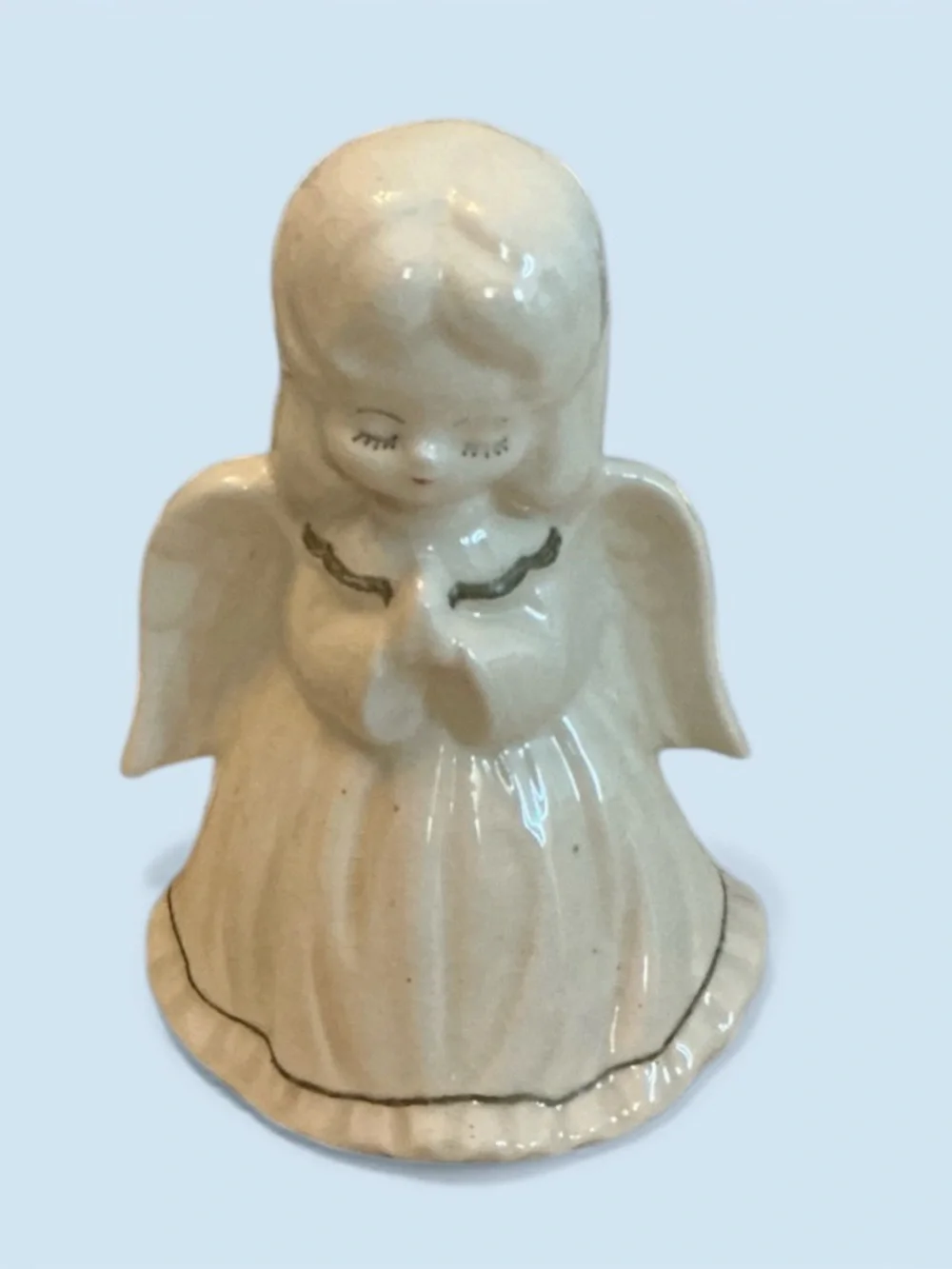 Vintage Ceramic Praying Angel Figurine Bell 5.5” Tall x 4” Wingspan Décor